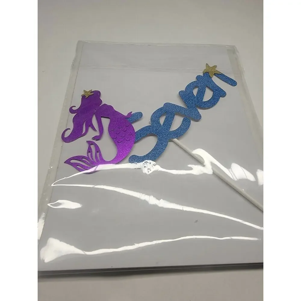 Mermaid Seven Birthday Cake Topper Purple Glitter Happy 7th Birthday Cake Deco.